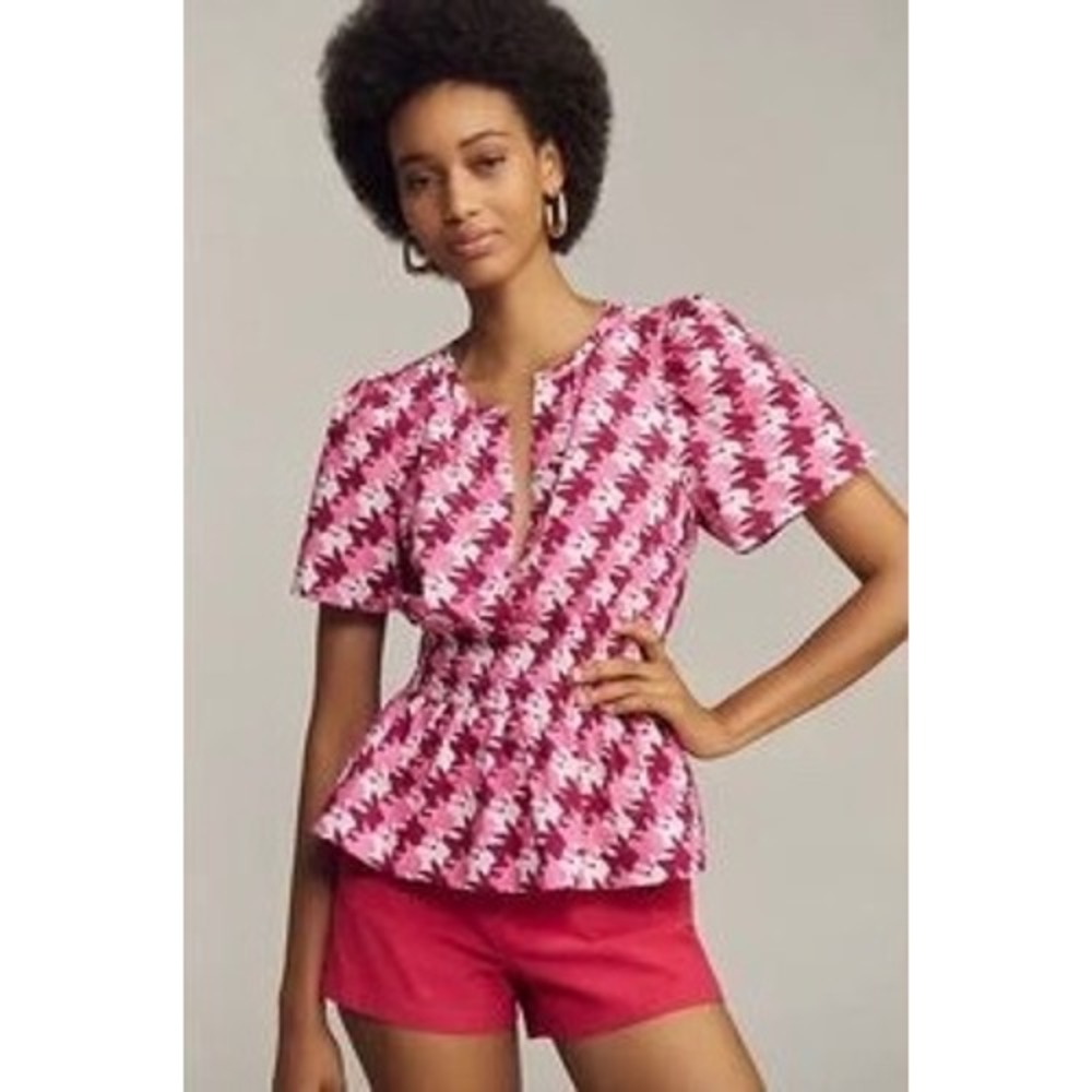 Anthropologie The Somerset Collection Pink Smocked Waist Top Bunny Print NEW XXS